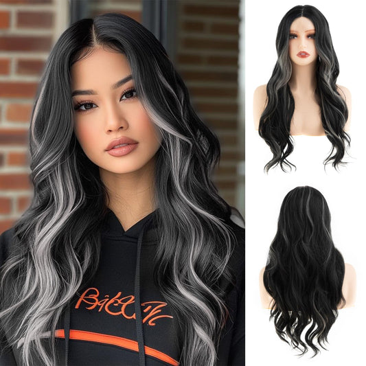 Sallcks Long Ombre Grey Lace Wigs for Women 27.5 inch Long Wavy Middle Part Wig Black Grey Highlight Cosplay Costume Halloween Wig