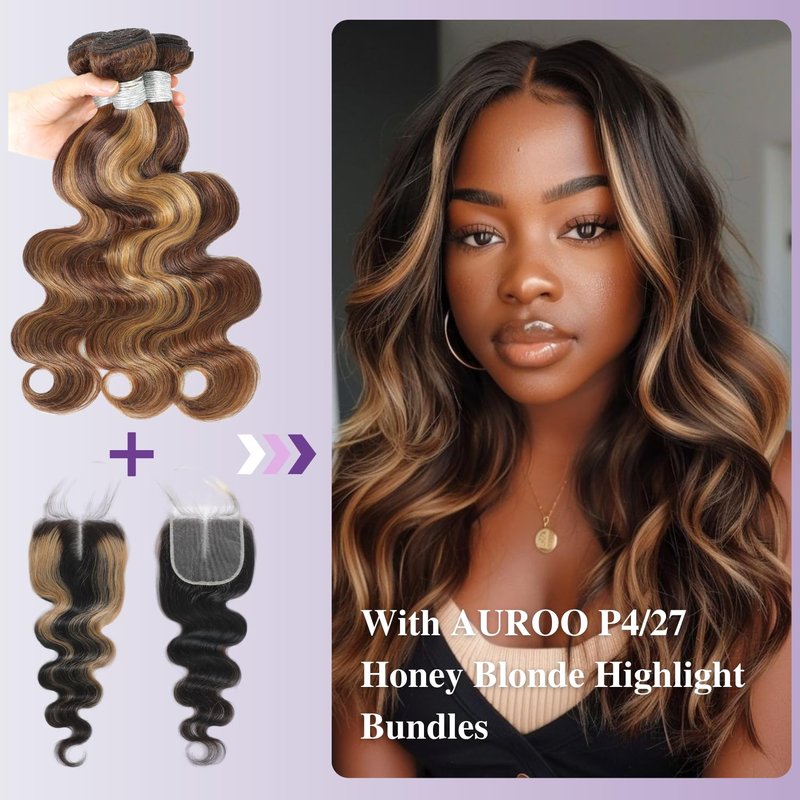 Honey Blonde Highlight 4x4 Lace Closure - 100% Virgin Human Hair Body Wave, 16 Inch, Pre-Plucked with Baby Hair, Ombre Design
