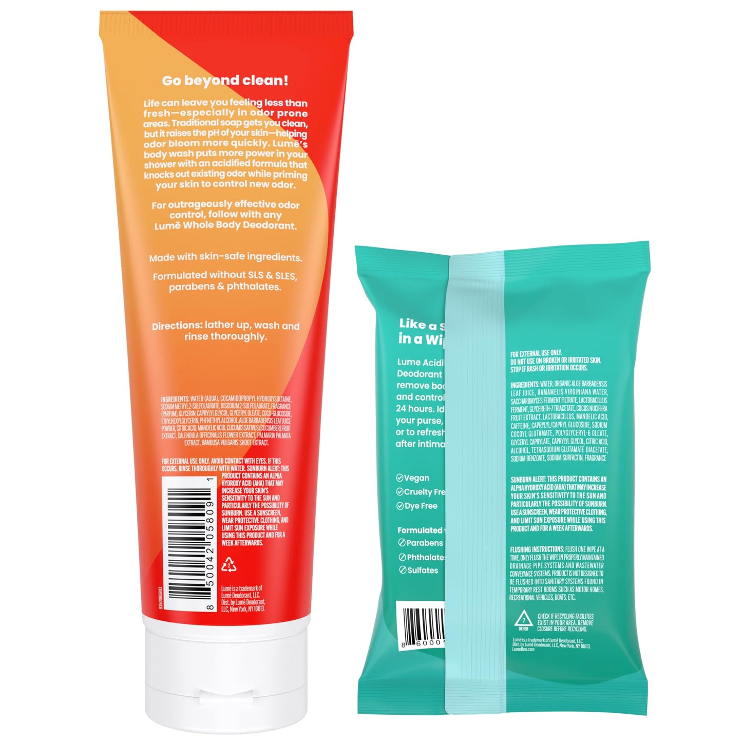 Lume Acidified Body Wash (Clean Tangerine) and Acidified Deodorant Wipes (Cool Cucumber) - 24 Hour Odor Control - Removes Odor Better than Soap - Moisturizing Formula - Aluminum Free, Baking Soda Free