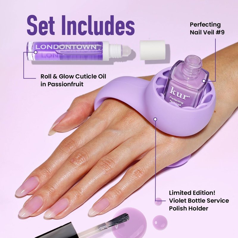 LONDONTOWN Violet Vibes Nail Polish Set - Perfecting Nail Veil #9, Sheer Lilac Tint, .40fl oz, with Bottle Service Polish Holder and Roll & Glow Cuticle Oil, Passionfruit for Dry Cracked Cuticle Care