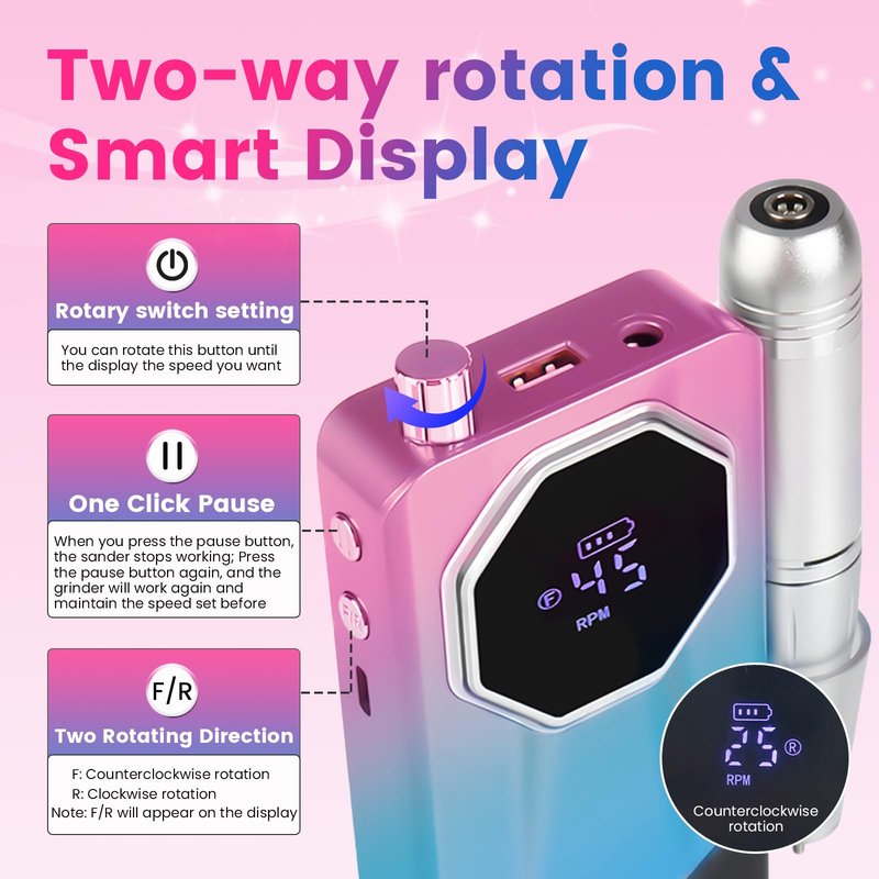 ESUOHYM 45000RPM Professional Cordless Portable Nail Drill Cordless Low Noise Nail Filer Electric Machine with Efile Bits & Base for Acrylic Nails, Nail Buffer Machine for Salon Home (Pink and Blue)