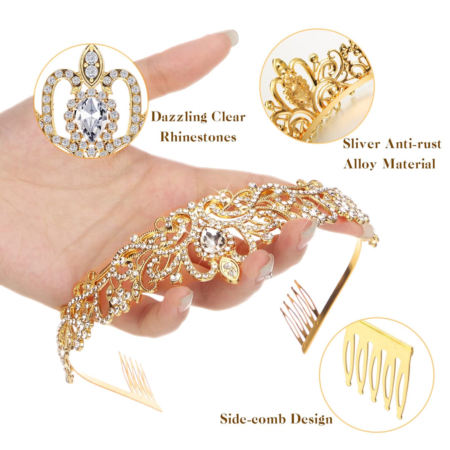 BBTO 10 Pcs Crystal Tiaras and Crowns for Women, Rhinestone Princess Crowns with Combs Birthday Queen Tiaras for Graduation Prom, Wedding, Bachelorette Party, Pageant Hair Accessories(Gold)