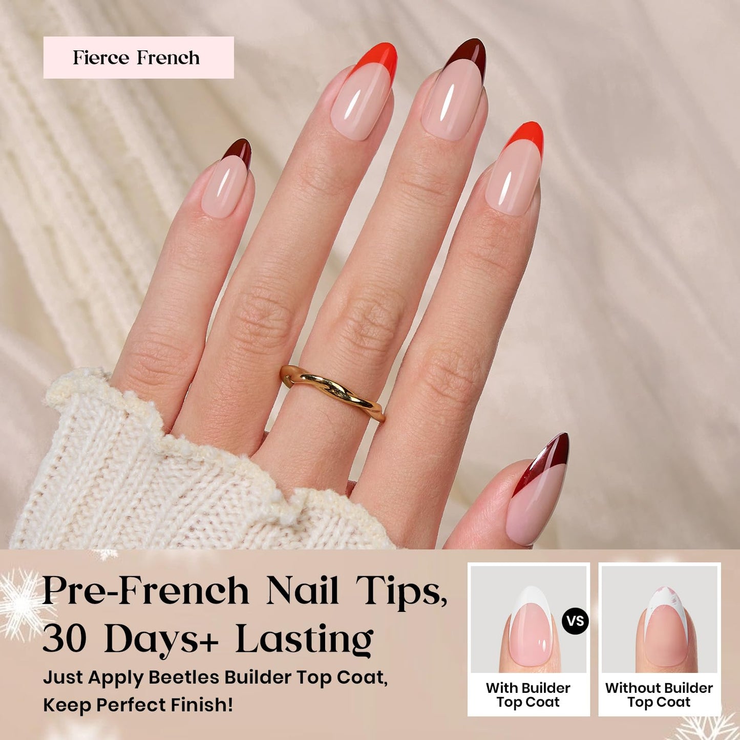 Beetles X Press Plus Gel Nails Kit - Fierce French | 5 Colors Press On Nails Medium Almond | 160Pcs 16 Sizes All-in-One Kit With Nail Glue,Remover,Builder Top Coat,Nail Lamp Gift