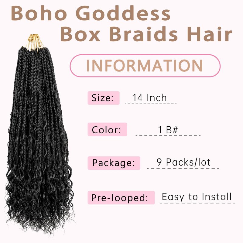 Boho Crochet Braids Human Hair Mixed 9 Packs 14 Inch Goddess Box Braids Crochet Hair Boho Box Braid Bohemian Braid Crochet Hair for Black Women(14Inch, 1B)
