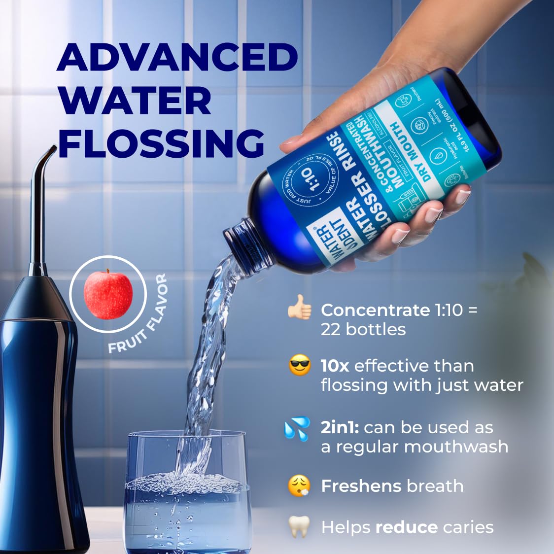 WATER DENT Water Flosser Rinse, Solution, Additive & Mouthwash for Dry Mouth – Compatible with Waterpik & All Oral Irrigators, with Hyaluronic Acid, Alcohol & Fluoride Free, Fruit Mint, 16.9 fl oz