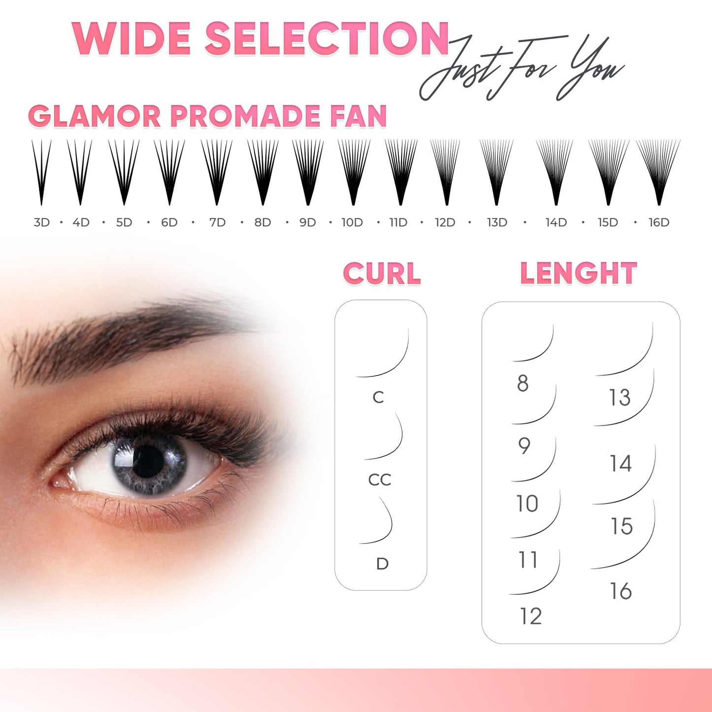 GLAMOREYELASH 750 Promade Fans Loose Mix, Natural Eyelashes Extensions 3D-16D, Handmade Individual Lashes 0.03/0.05/0.07mm Thickness, C CC D, 8-16mm Length for Fluffy Eyelash Cluster (14D-0.03-C, 15-16-17mm)
