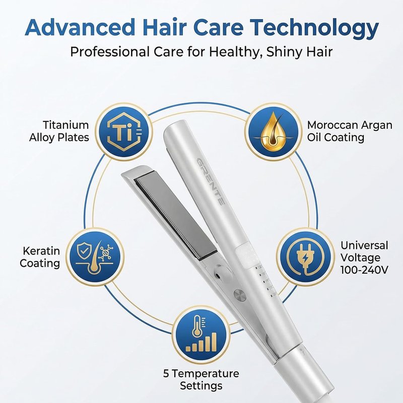 Titanium Flat Iron Hair Straightener | 2-in-1 Curler with Quick Heating, 1 Inch, 5 Temp Settings, Dual Voltage - White