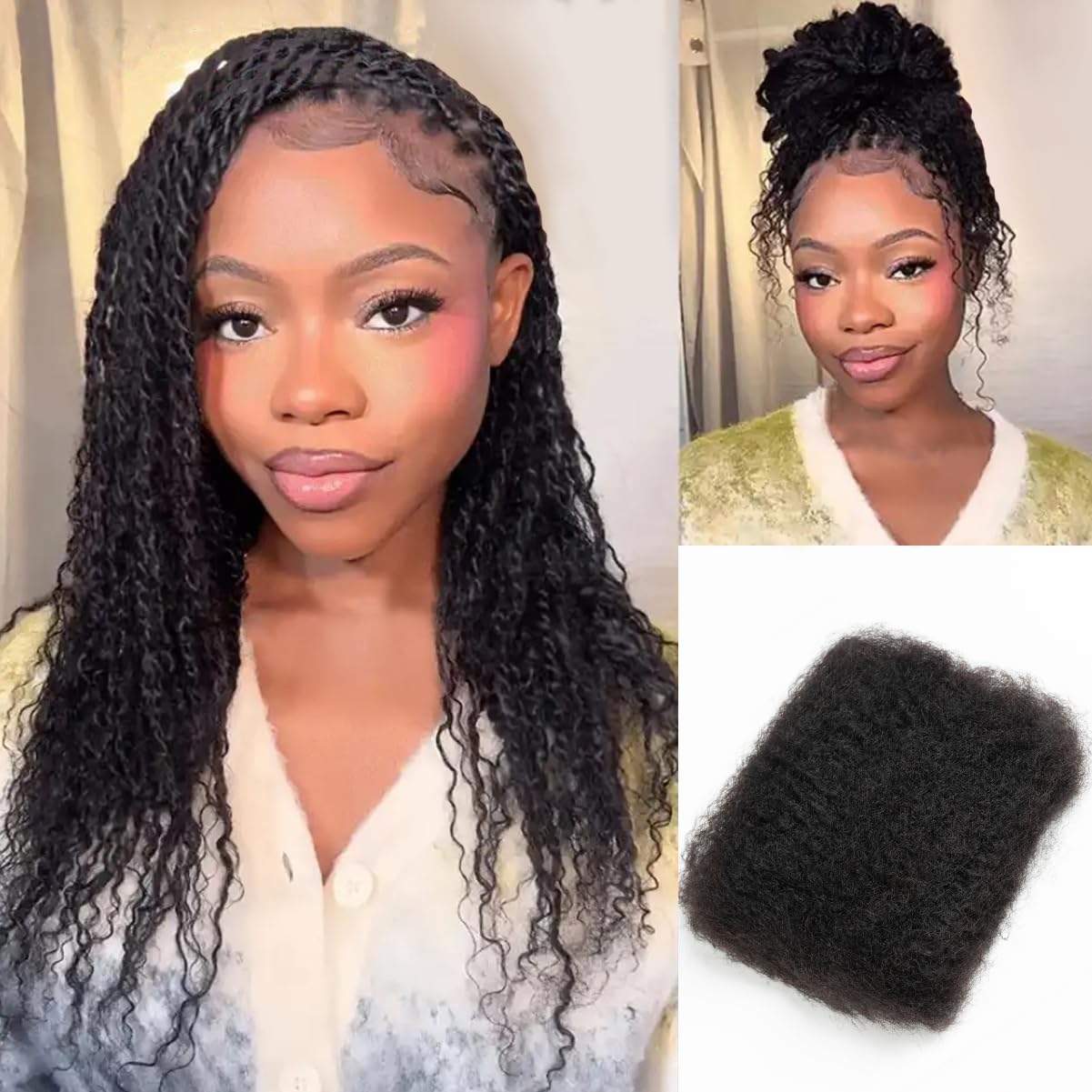 REBECCA FASHION Afro Kinky Bulk Human Hair 50g/Pack Braiding Hair for Dreadlock Extensions, Loc Repair, Afro Kinky Curly Human Hair Bulk for Twist 12 Inch Natural Black Color