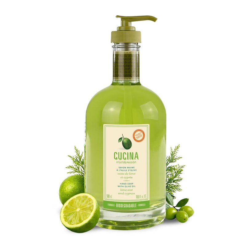 Cucina Fruits & Passion Kitchen Hand Soap - Lime Zest & Cypress | Natural Liquid Soap in Refillable Glass Dispenser, 16.9 fl oz
