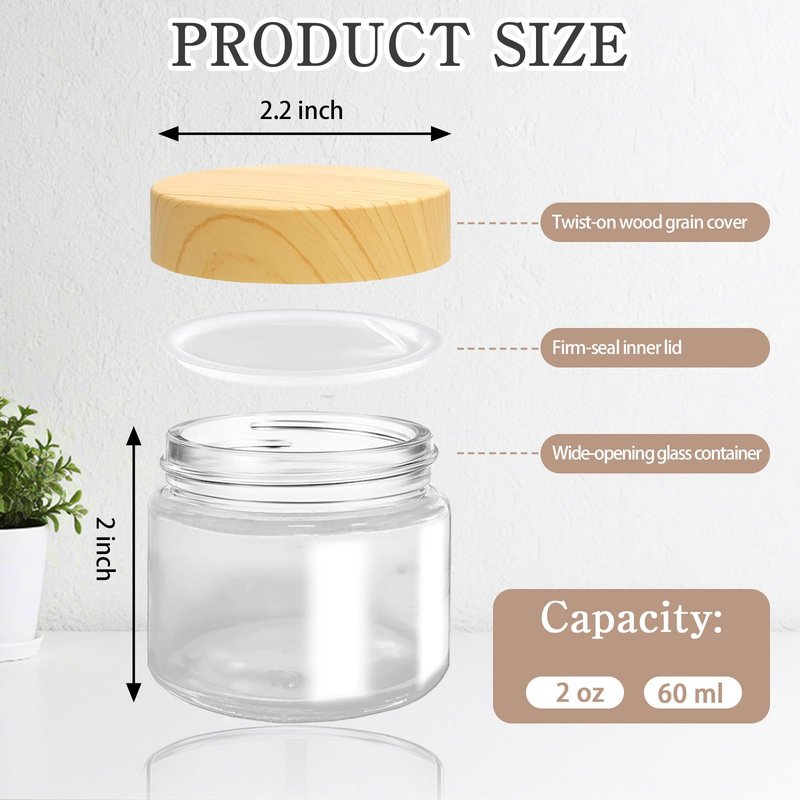 LECEHIVO 25 Pcs Glass Jars with Plastic Woodgrain Lids and Inner Liners 2 oz Clear Cosmetic Containers Empty Round Small Containers for Making Creams Lotions Powder Ointments Candle