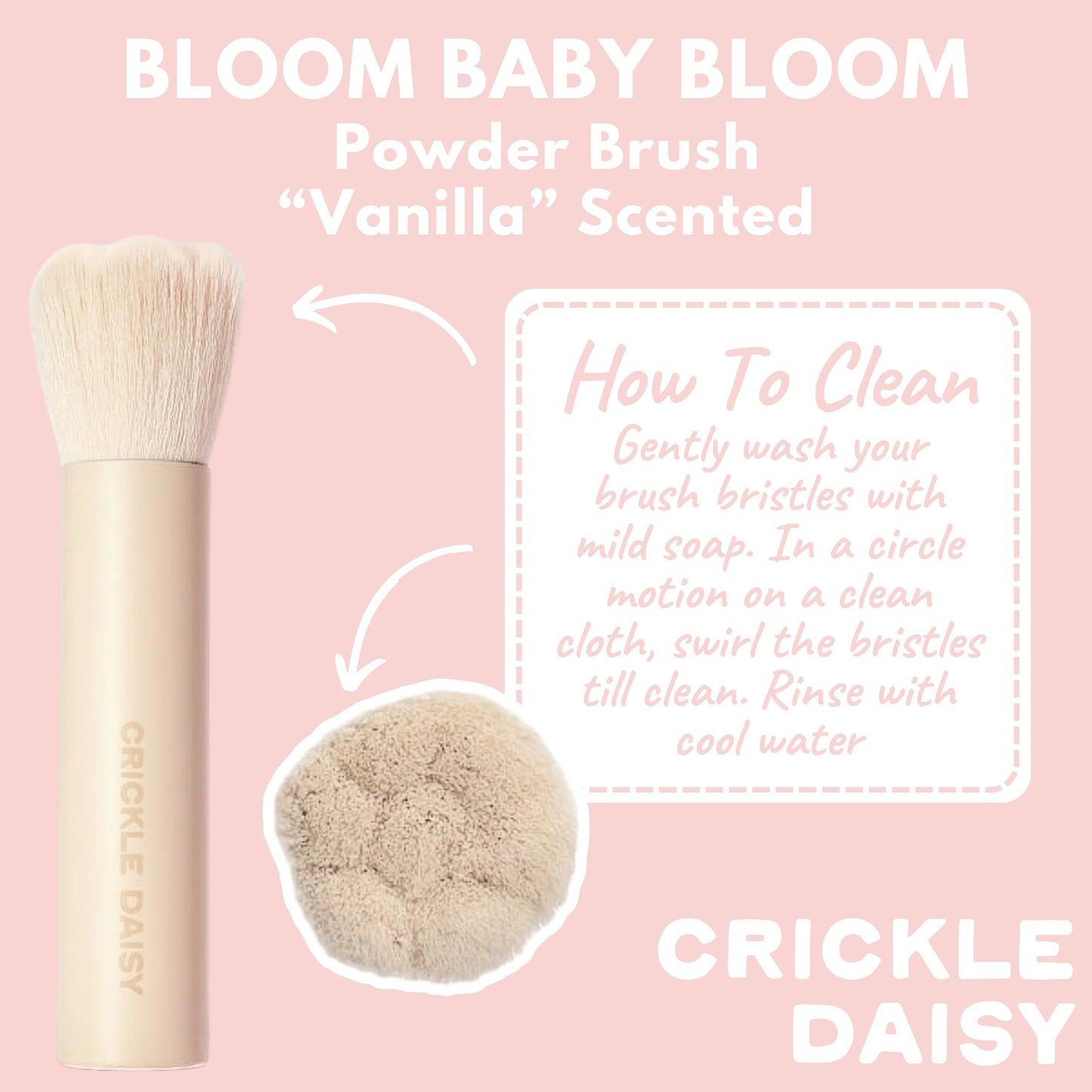 CRICKLE DAISY Bloom Baby Powder Brushes - Ultra-Soft Vegan Fibers, Foundation Blending Brush, Highlight Your Skin's Natural Beauty - Perfect for Makeup Powder Application, Blush, Vanilla Scented