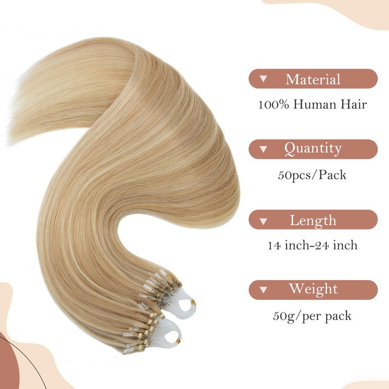 TESSHAIR Micro Loop Hair Extensions, 100% Remy Human Hair, Microlink Extensions, No Tangle & Smooth, 50 Strands 50g, 14 Inch #Blonde & Bleach Blonde