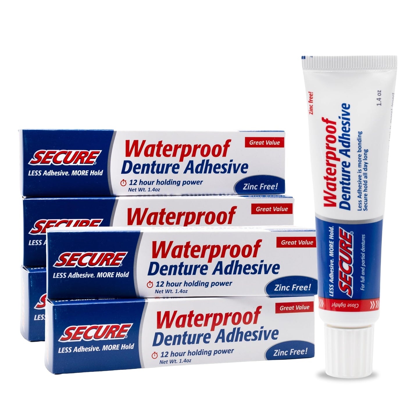 Secure Denture Adhesive Cream for Uppers, Lowers & Partials – Waterproof Seal & Zinc Free – Food Grade Ingredients - Less Adhesive, More Hold - Tube Lasts Up to 8 Weeks - 1.4 oz (5 Pack)