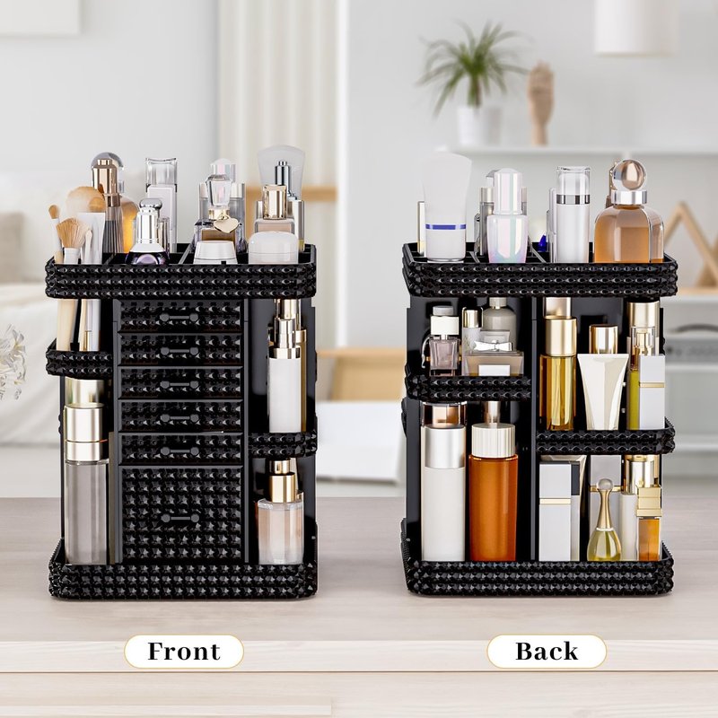 360 Rotating Makeup Organizer - Large Clear Acrylic Vanity Storage with 6 Drawers | Adjustable Spinning Cosmetic & Perfume Holder (Black)
