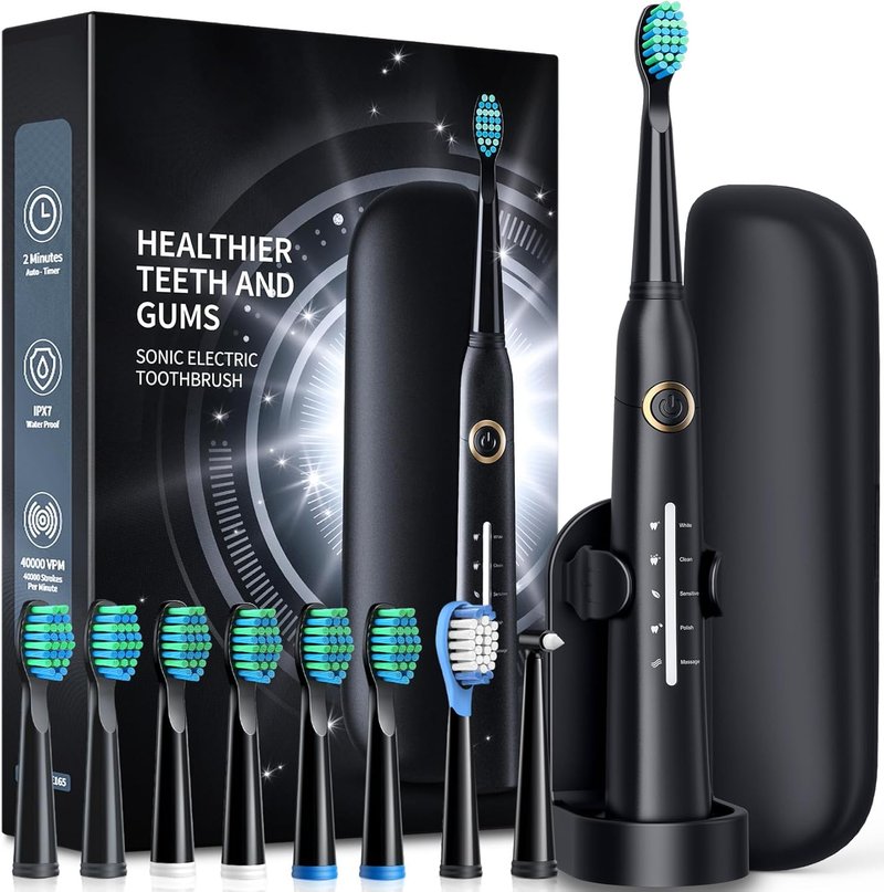 Sonic Electric Toothbrush - 8 Brush Heads, Rechargeable, 40000 VPM Deep Clean | Travel Case, Black