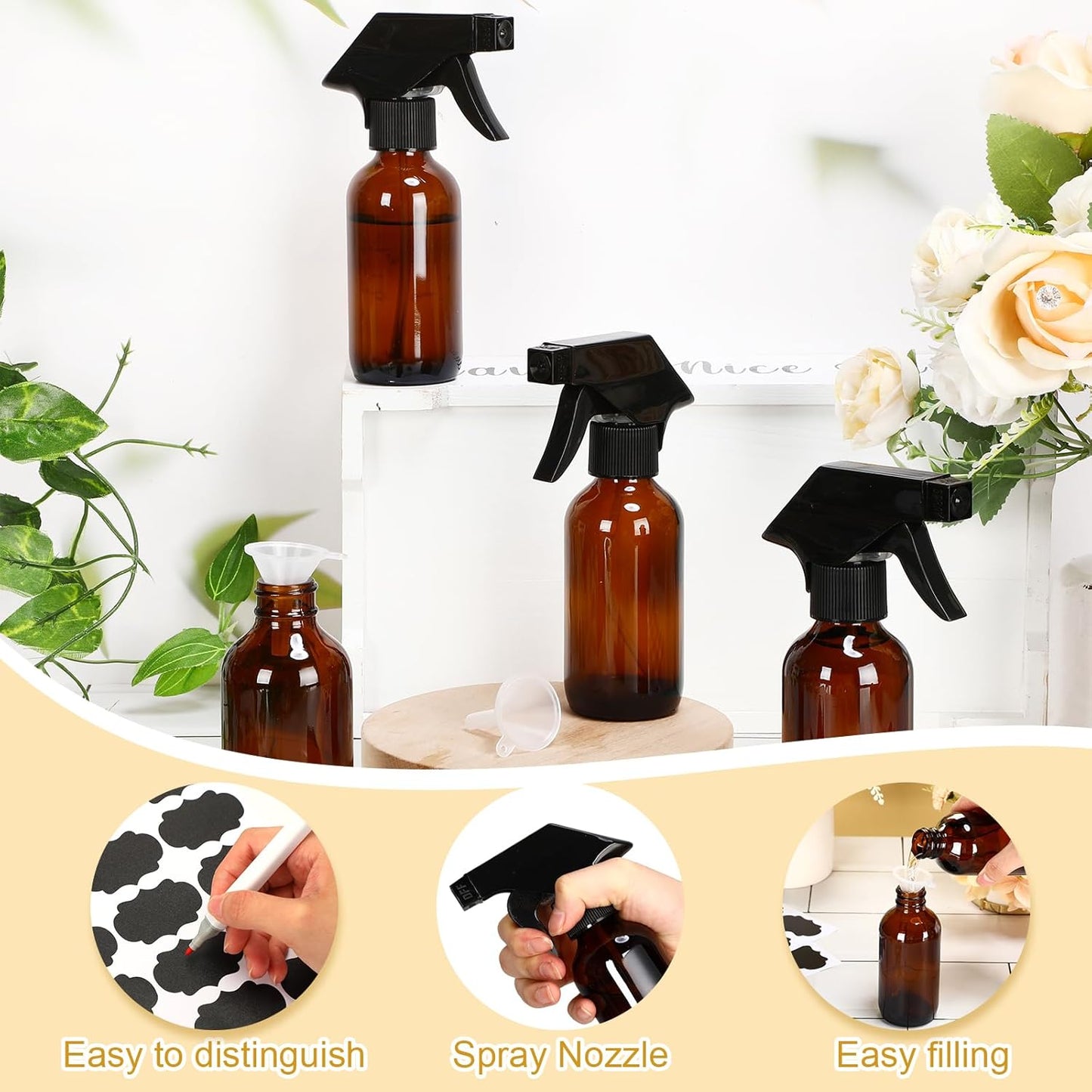 Fumete 20 Pcs 4 oz Glass Spray Bottles - Refillable Trigger Sprayers for Essential Oils, DIY, Kitchen & Hair | Amber