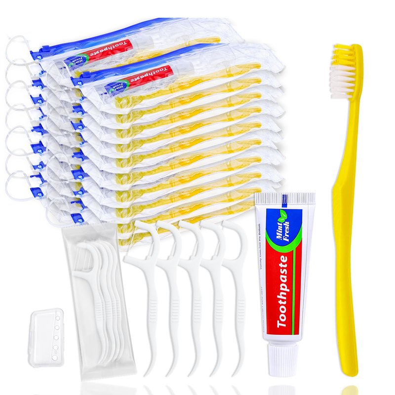 Xuezoioy 30 pcs Disposable Toothbrushes with Toothpaste and Floss Set,Yellow Individually Wrapped Bulk Single Use Toothbrush Floss Cover Travel Toothbrushes Kit with Zip Bag for Homeless,Hotel,Guest