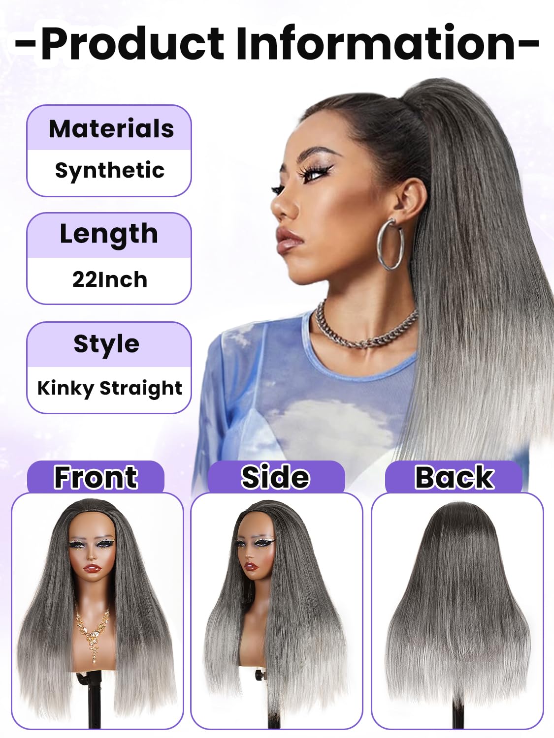 catti Yaki Straight Half Wig Ombre Black Grey Synthetic Hair 22"