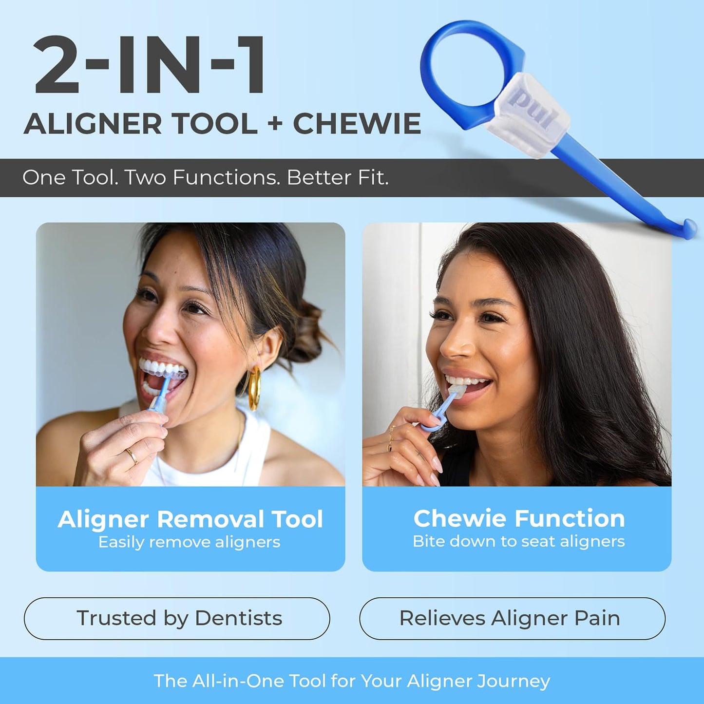 PUL 2-in-1 Aligner Removal Tool and Chewies for Invisalign Aligners, Retainers and Trays - Patented Invisalign Remover Tool for Easy Removal & Secure Fit - Pack of 4, Black