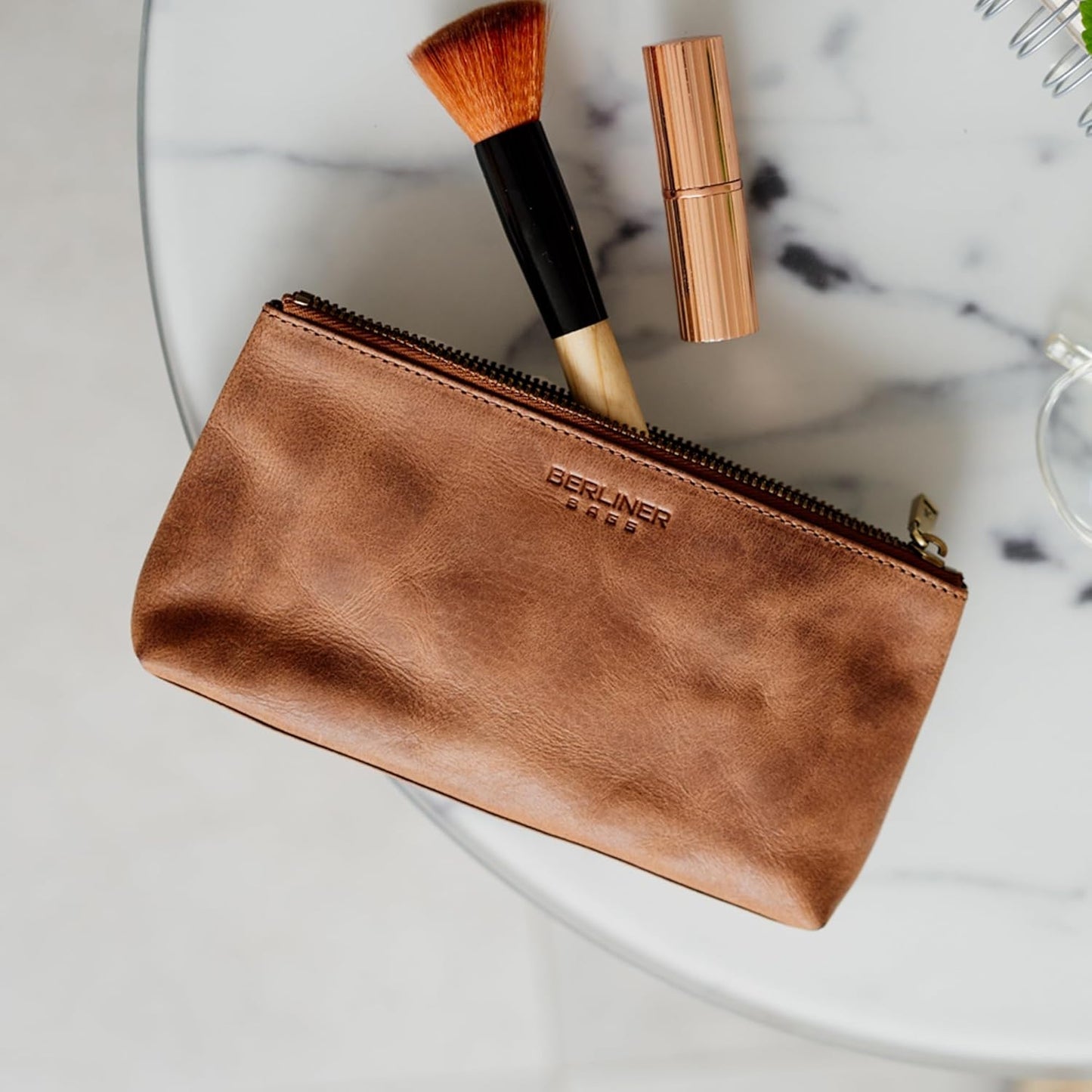 Vintage Genuine Leather Makeup Bag | Anna Cosmetic Pouch for Travel - Brown