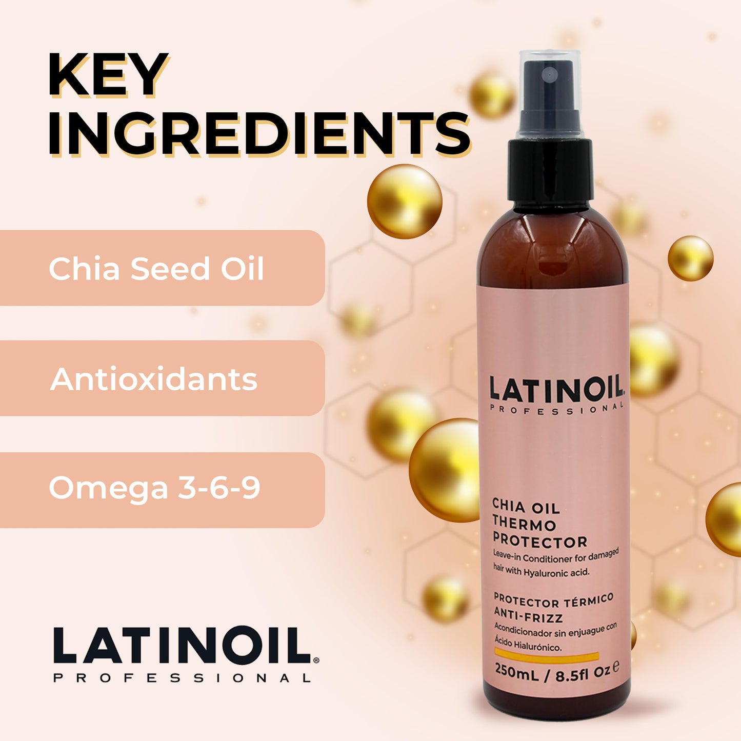 Latinoil - Chia Hair Heat Protectant Spray, Oil for Hair Frizz, Hair Oil Treatment, Leave in Conditioner for Dry Damaged Hair with Chia Seed Oil, Amino acids & Omegas, 250 ml