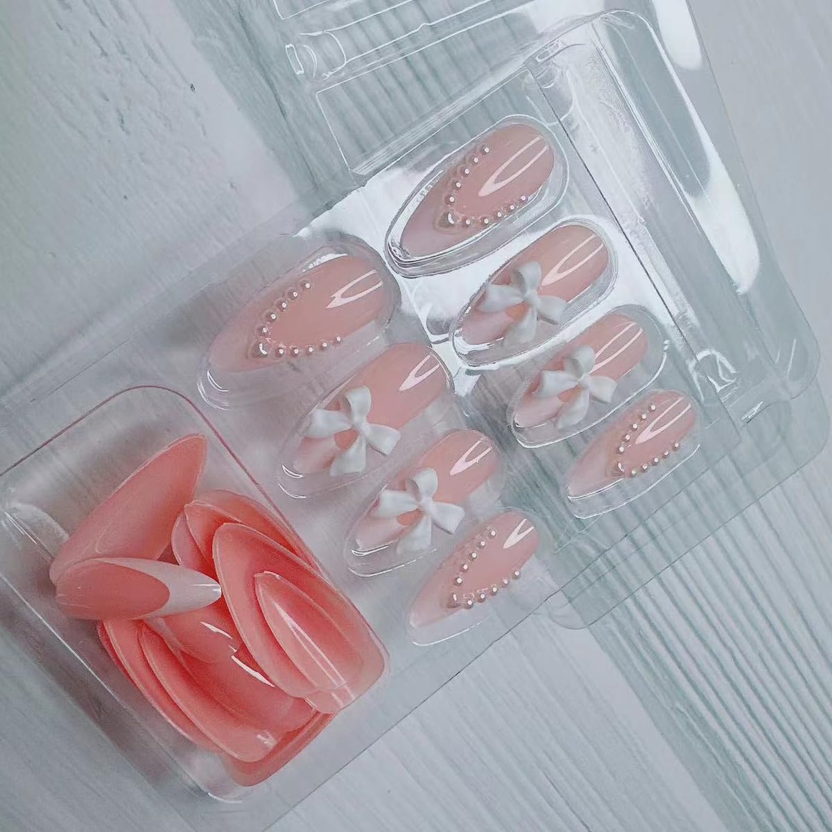 24pcs French Tip Press-On Nails - Short, Charms, Bow, Flower Design, Pink, Cute, Square Shape, Acrylic, Rhinestones