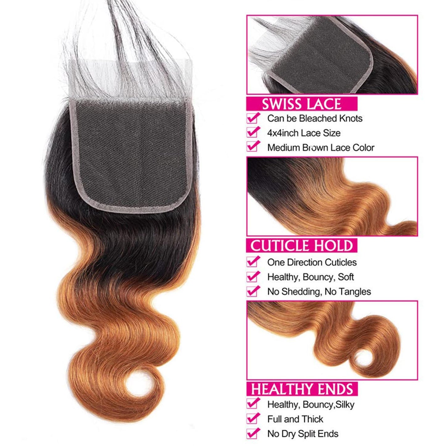 1B/30 Lace Closure 4x4 Hd Transparent Lace Ombre Closure Body Wave With Pre Plucked Baby Hair High Density Brazilian Virgin Hair For Woman (20 Inch)