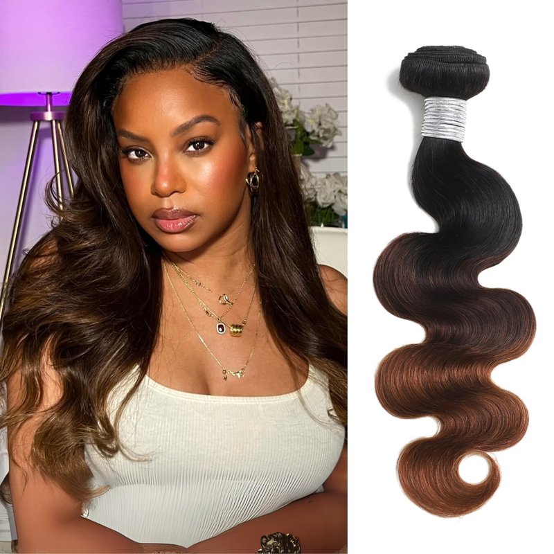 AUROO T1B/2/30 Chestnut Brown Ombre Human Hair Bundles Body Wave, 10A Thick Track 100% Virgin Human Hair Bundles Dark Roots Bundle 3 Tone Ombre Medium Auburn Colored Single Bundle Quick Weaves 12 Inch
