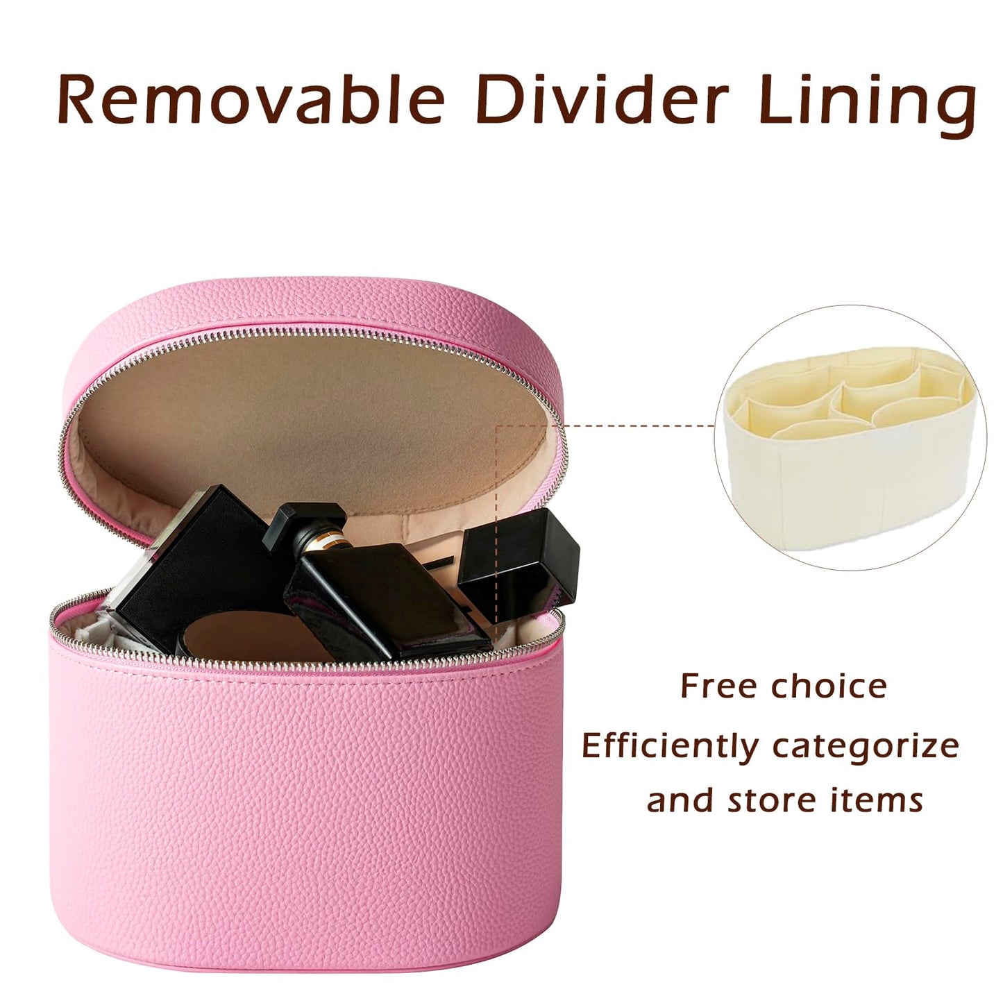 RSRSLEII Pink Aesthetic Makeup Bag, Travel Makeup Vanity Case with Divider and Handle, Waterproof PU Leather Cosmetic Organizer Bag, Portable Toiletry Bag for Women(02Pink)