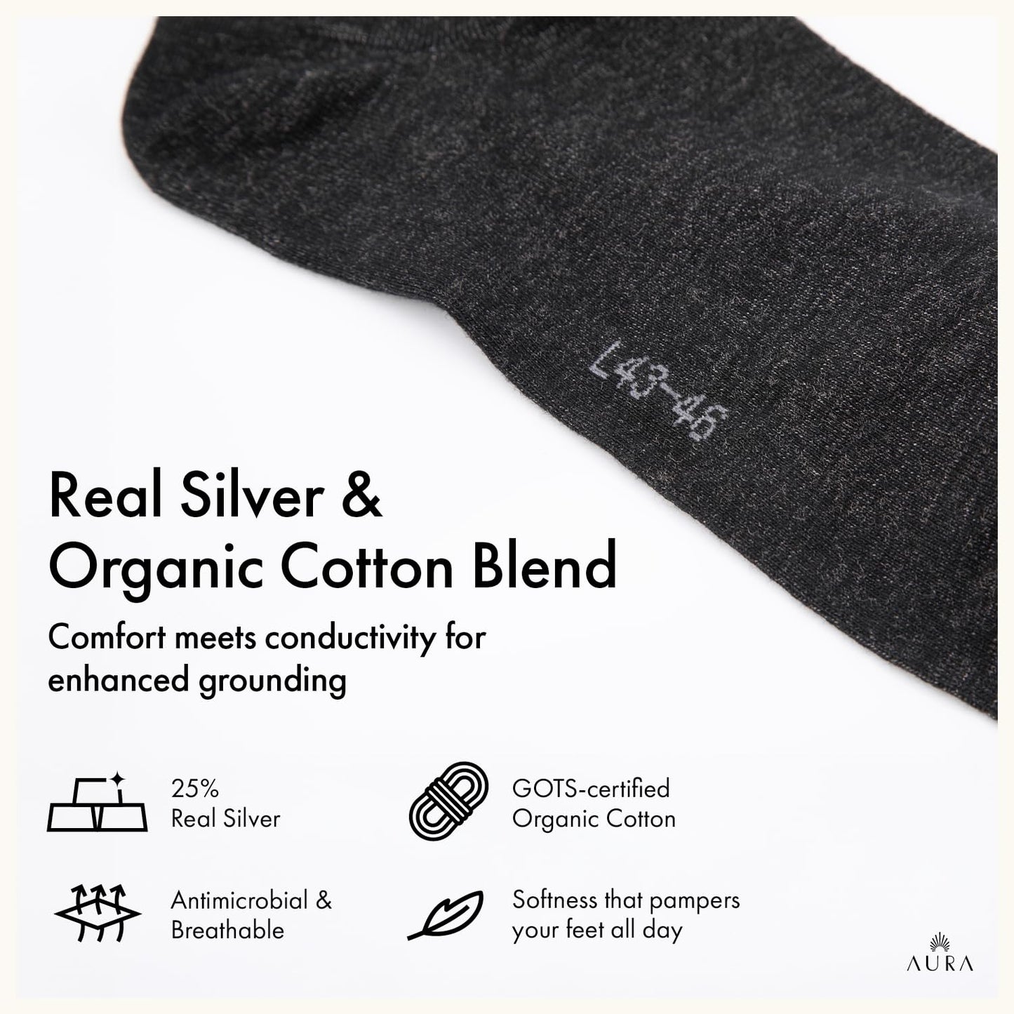Aura™ Luxury Grounding Socks for Feet - 25% Pure Silver Grounding Socks for Women & Men - Black, Size Medium