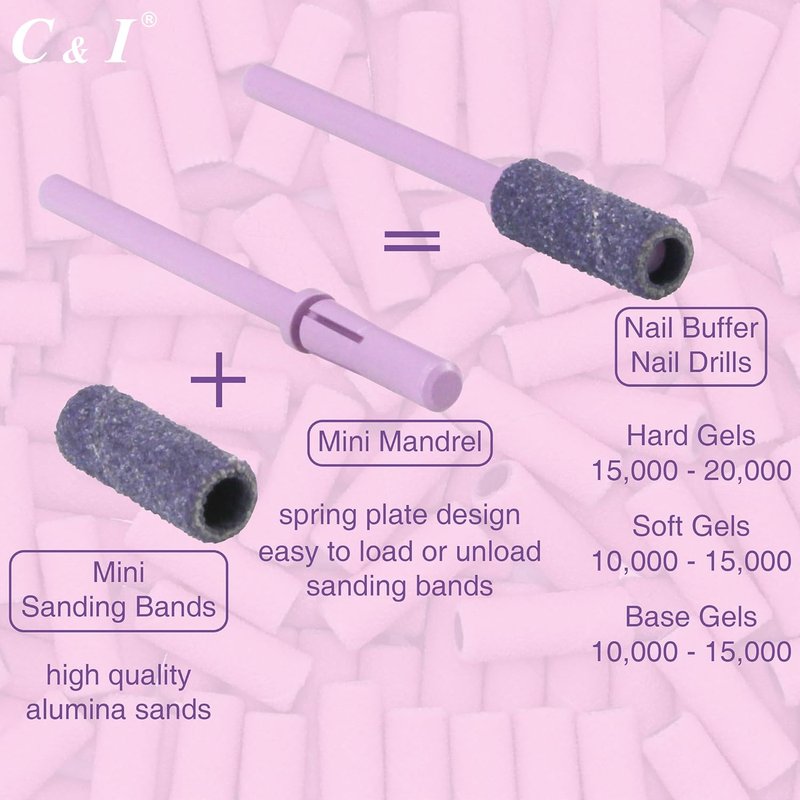 Nail Drill Bit Set - 200 Pcs Small Sanding Bands & Slim Mandrel | 240 Extra Fine White for Acrylic & Gel Nail Care