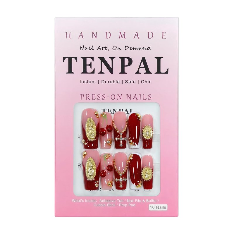 Burgundy French Press On Nails - Long Square 3D Embossed Cross Design | Elegant Gothic False Nails for Weddings (M)