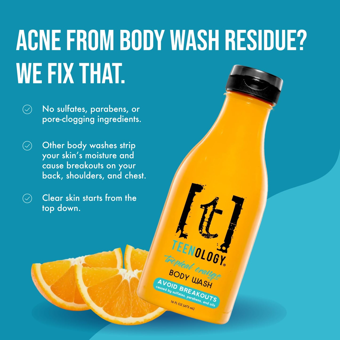 Teenology Body Wash for Teens, Avoid Acne Breakouts, Sulfate & Paraben Free, with Natural Botanical Extracts for Clear & Healthy Skin, 16 oz - (Tropical Orange)