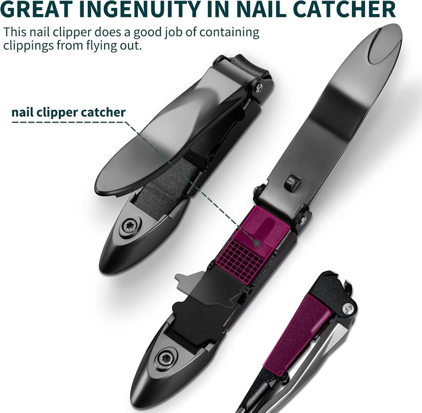 BesPick Large Sharp Heavy Duty biomimetic Stainless Steel Anti-Splash Self-Collecting Anti Splash Nail Clippers Set with Catcher, Baby Nail Clipper and Nano Glass Nail File (Gray, 3 Pieces Set)