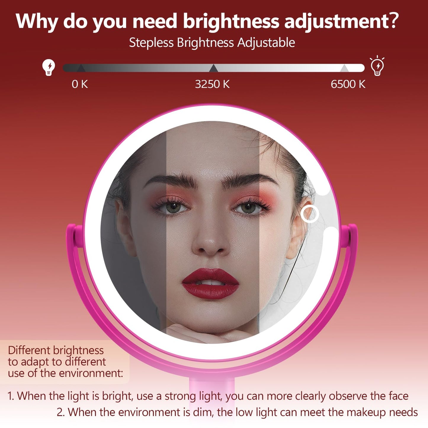 MIYADIVA Makeup Mirror with Lights, 20X Magnifying Mirror with Light and Touch Switch, 2-Sided Vanity Mirror with 3 Color and 80 LEDs, Hot Pink