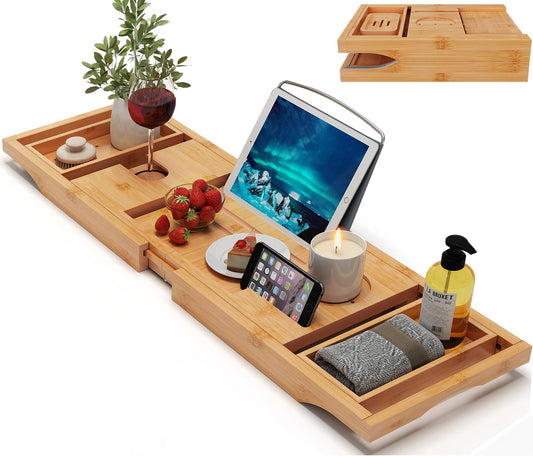 Bamboo Bathtub Caddy Tray Expandable for Luxury Bath, Bath Accessories & Table with Wine Glass Holder, Book Stand Bathroom Organizer with Extending Sides for Men/Women,Black