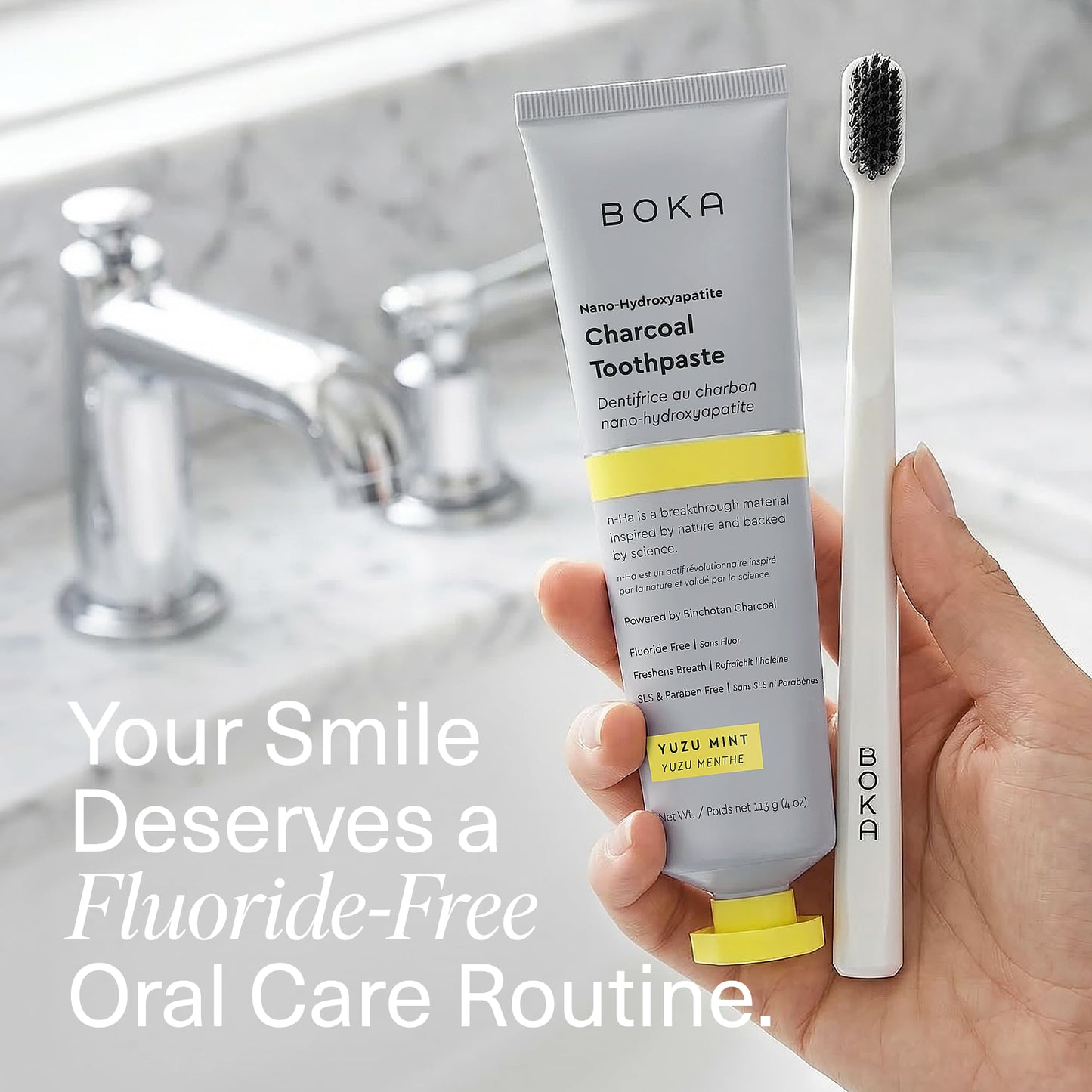 Boka Fluoride Free Toothpaste, Nano Hydroxyapatite Toothpaste, Appropriate for Sensitive Teeth - for Adult Oral Care - Charcoal Yuzu Mint Flavor, 4 Fl Oz 1Pk