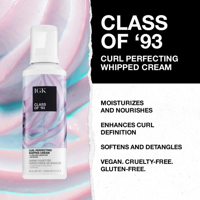 IGK Class of '93 Curl Cream - Whipped Leave-In Conditioner & Curl Defining Styler for Curly, Wavy & Coily Hair, with 10 Butters & Oils, Silicone-Free, Vegan & Cruelty-Free, 5.5 Oz