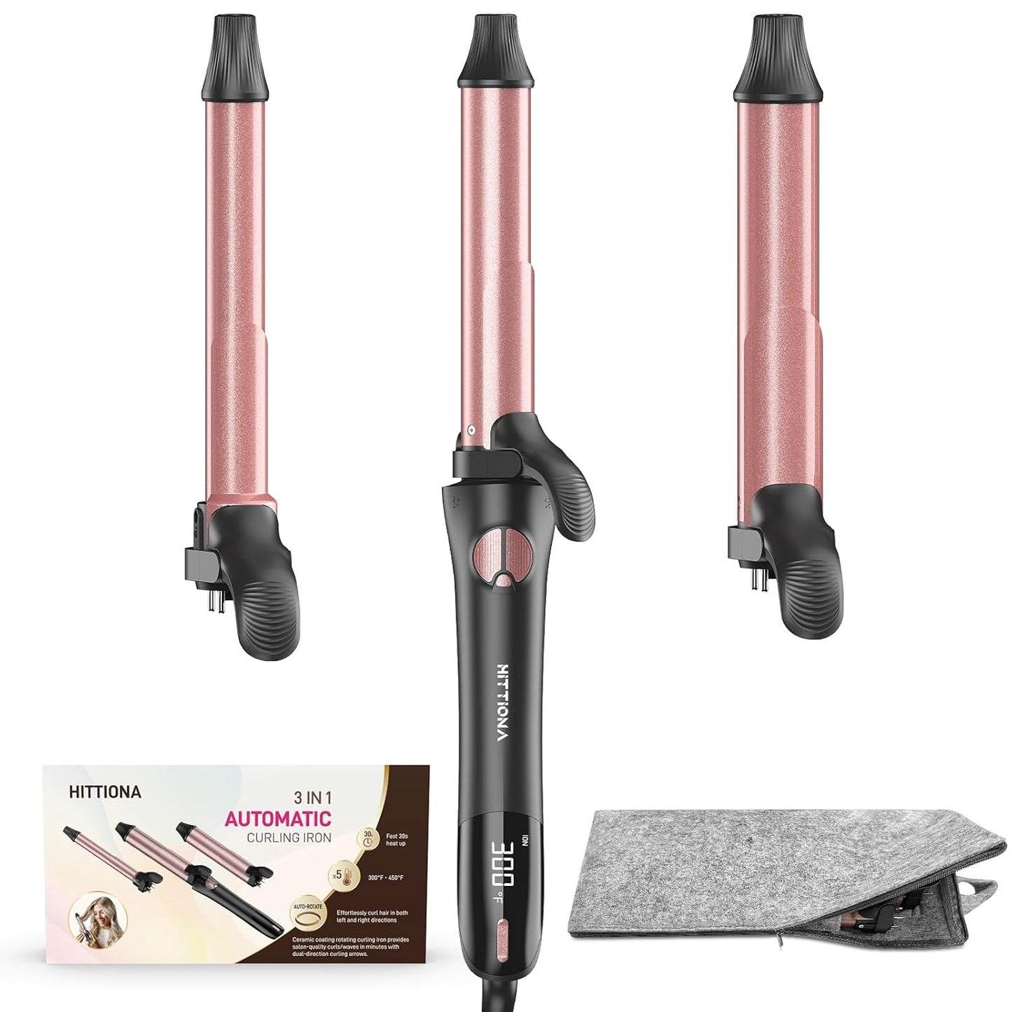 Automatic Curling Iron - 3-in-1 Interchangeable Curling Wand for Lasting Beach Waves | Adjustable Temp, Dual Voltage, Rose Gold