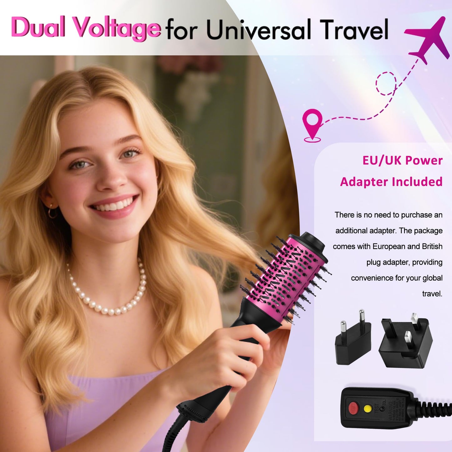 Dual Voltage Travel Hair Dryer Brush (100V-240V), Automatic Hot Air Brush with EU&UK Plug, 6 Inch Oval Barrel One Step Blow Dryer Brush and Negative Ion Anti-frizz Styling Brush（9″）