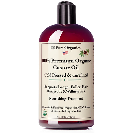 UsPureOrganics Premium Organic Castor Oil Cold Pressed Unrefined For Skin Scalp Hair Growth Eyelashes & Eyebrows, Therapeutic & Detox. Hexane & Chemicals Free 16Oz