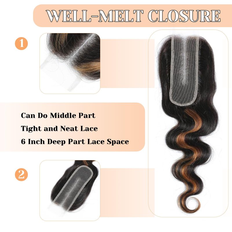 2x6 HD Lace Closure P1/30 Highlight Body Wave Transparent 2 by 6 HD Lace Closure 14 Inch 100% Brazilian Virgin Unprocessed Middle Part Human Hair Closure