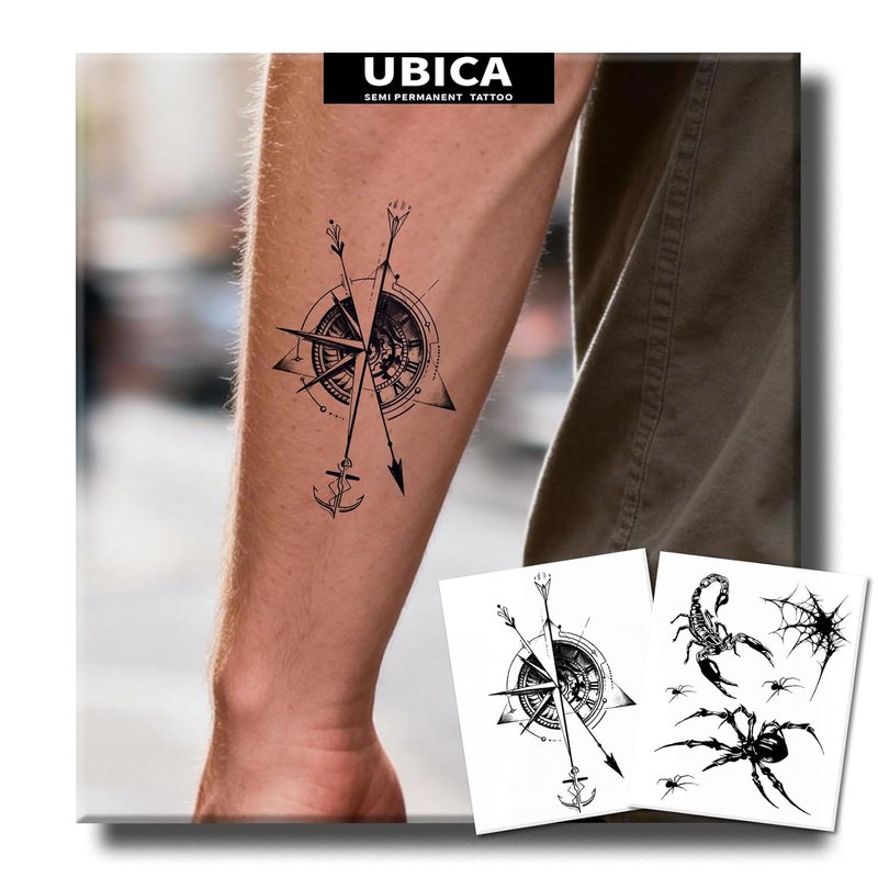 Realistic Semi-Permanent Tattoos - Waterproof Fake Body Art for Men & Women | 2 Sheets with Compass & Scorpion Designs