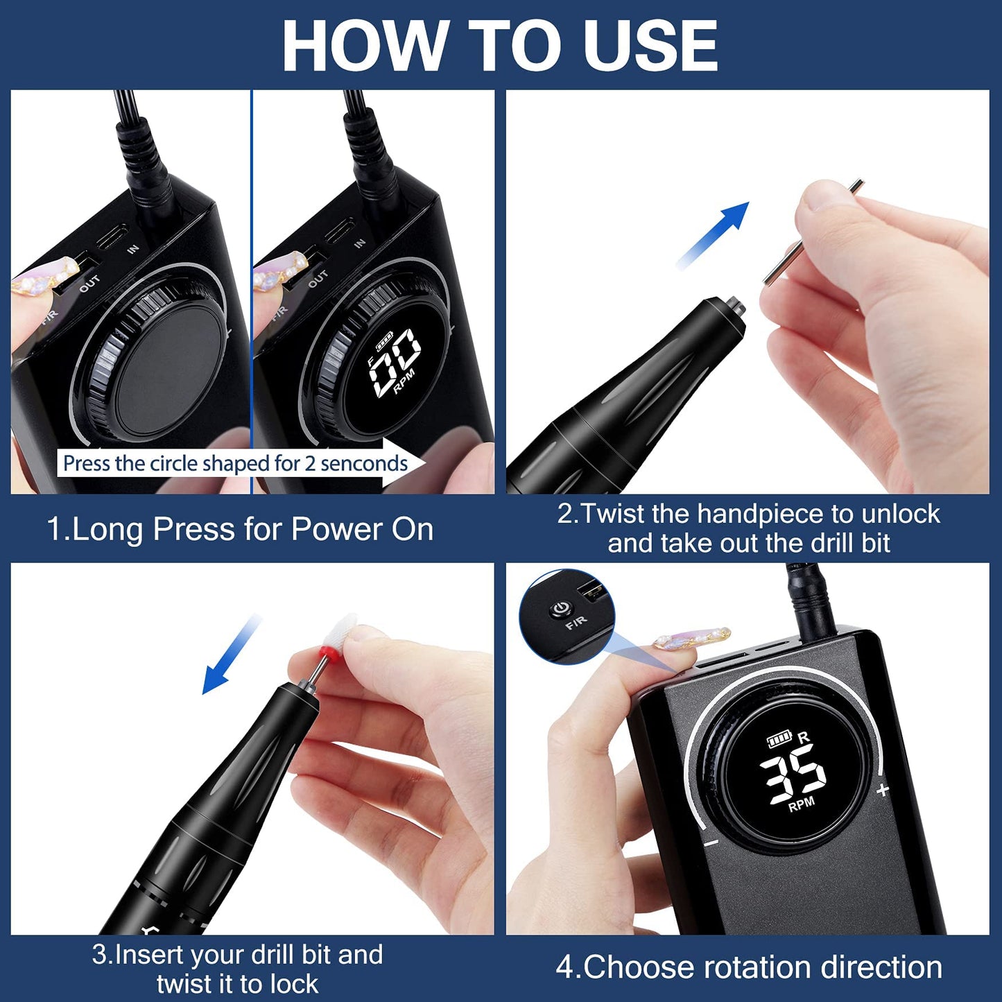 YOKE FELLOW Professional Nail Drill - 35000RPM Nail Drills for Acrylic Nails Professional Nail Drills Machine for Acrylic Removal Polishing Tools Kit for Salon Home Use