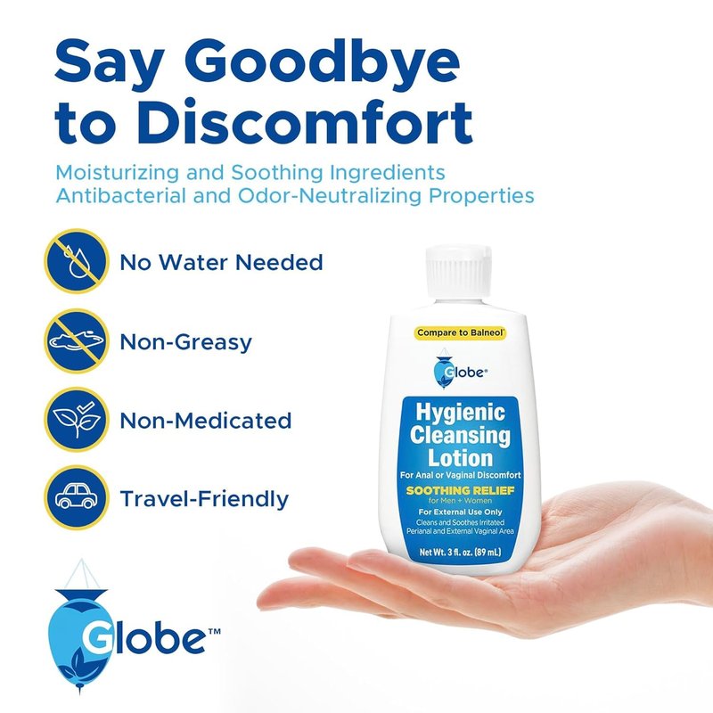 Globe (3 Pack Hygienic Cleansing Lotion for Men and Women -Discomfort, Pain & Itch Relief for Sensitive Areas, Cooling, Non-Irritating Gentle Personal Care Cleanser, Convenient for Travel, 3oz Bottle