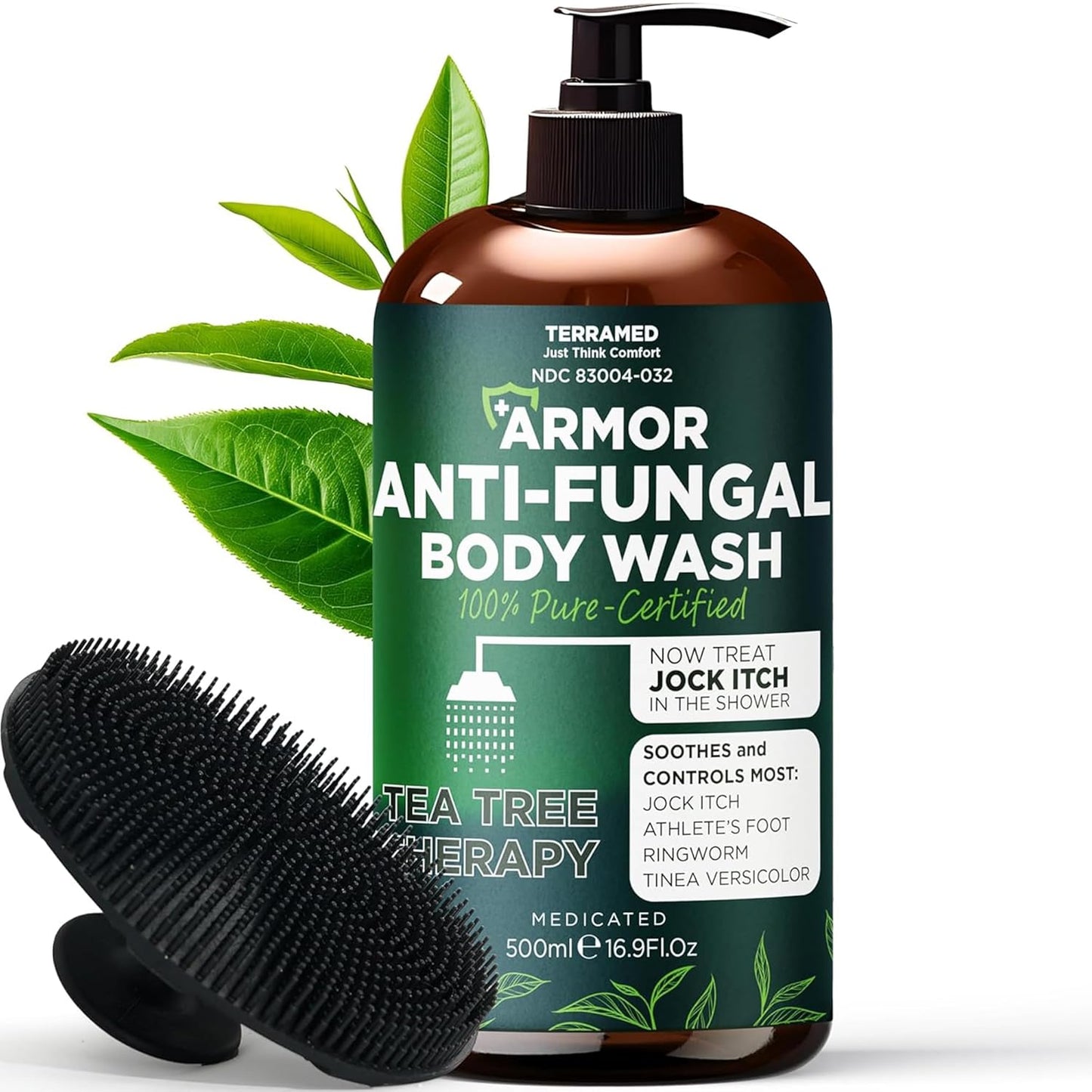 Antifungal Body Wash with Tea Tree Oil - Treat Back Acne, Ringworm & Eczema | Includes Silicone Scrubber (16.9 oz)