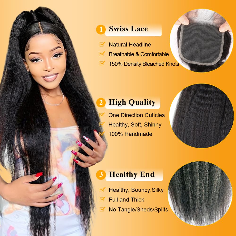 QTHAIR 18A Kinky Straight Lace Closure (14inch) 4x4 Free Part 150% Density Top Swiss Lace Natural Straight Human Hair Closure with Baby Hair