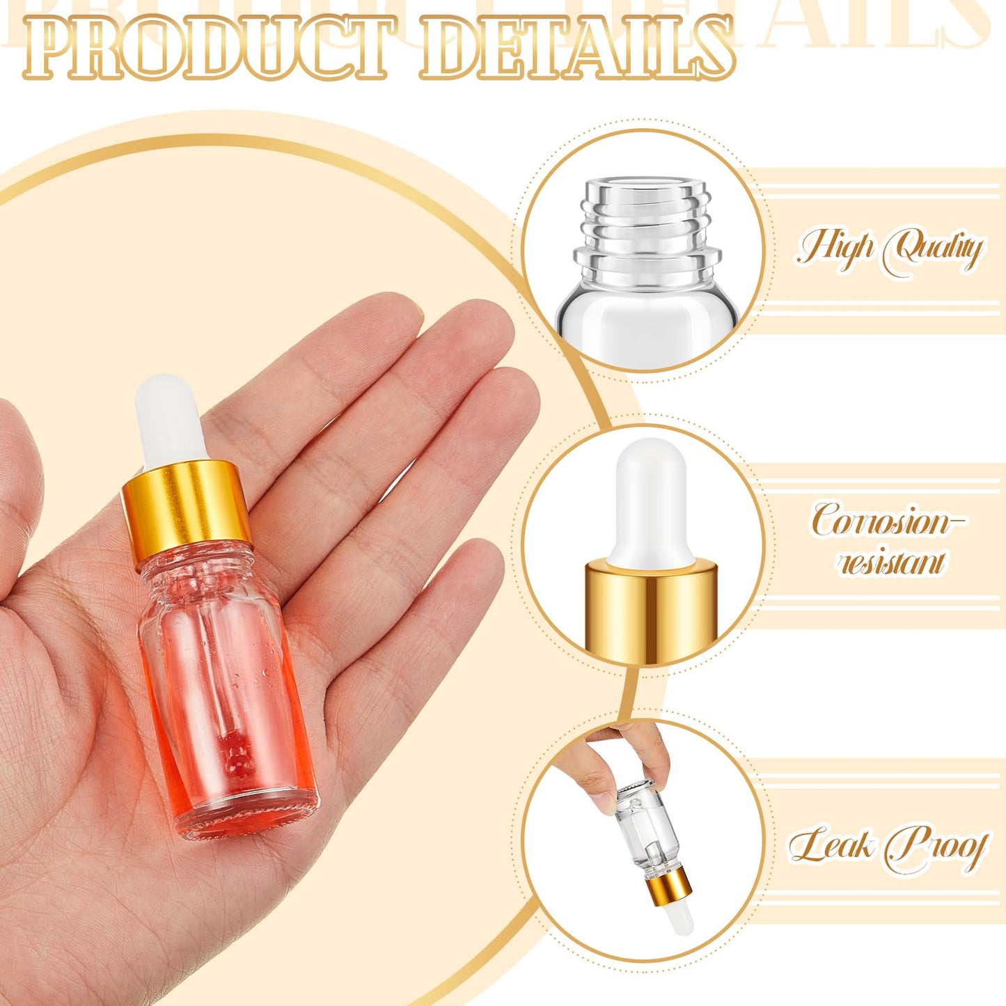 Didaey 100 Pcs 1/2/3/5/10/15 ml Mini Glass Oil Dropper Bottle Bulk, Clear Essential Small Empty Bottles Sample Containers Perfume Liquid Vials with Cap for Traveling (10 ml,Champagne Gold)