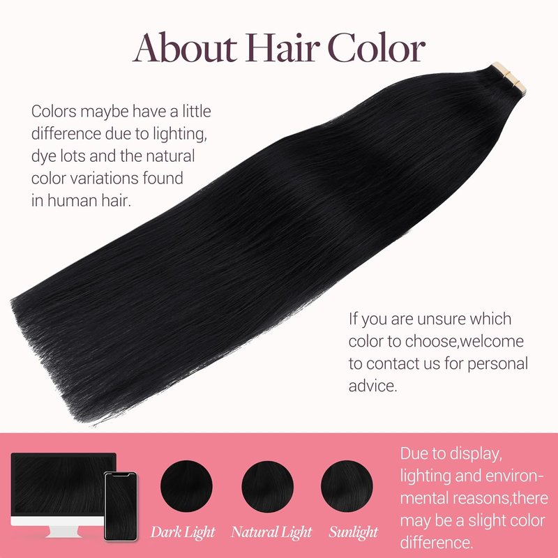 Tape In Hair Extensions - 24 Inch Jet Black Remy Human Hair | Seamless & Silky Straight, 50g, 20pcs