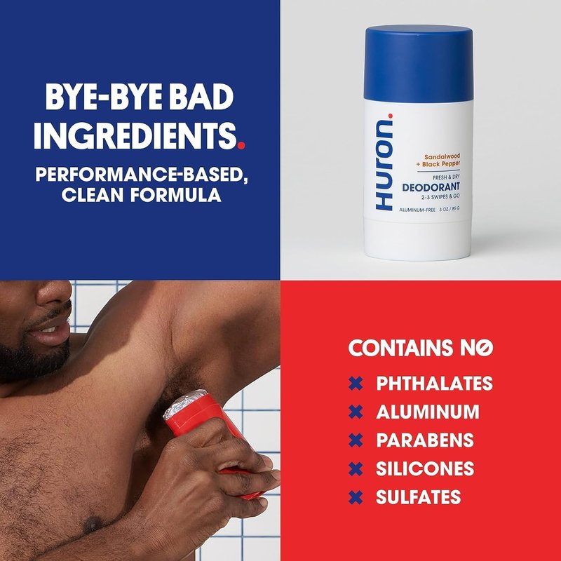 Huron Deodorant for Men and Women, 48-Hour Odor Protection, Aluminum-Free Deodorant with Sandalwood + Amber Scent, Moisturizing, Phthalate-Free, Non-Toxic Clean Ingredients, 3.2 Oz (Pack of 2)